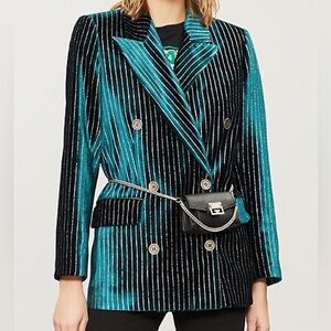 The Kooples Green Velvet Double Breasted Blazer with Silver Stripes Size S